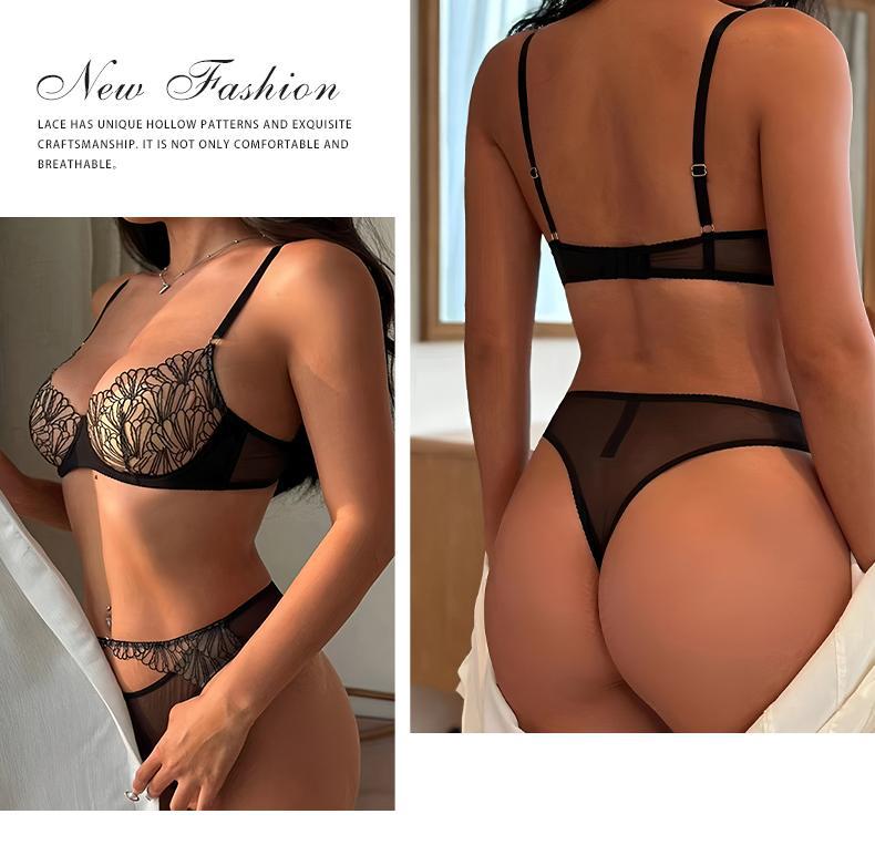 European and American French Style Sexy Lingerie for Women, Ultra-Thin Sheer Mesh, Large Bust Minimizer, Anti-Sagging Lace Bra Set