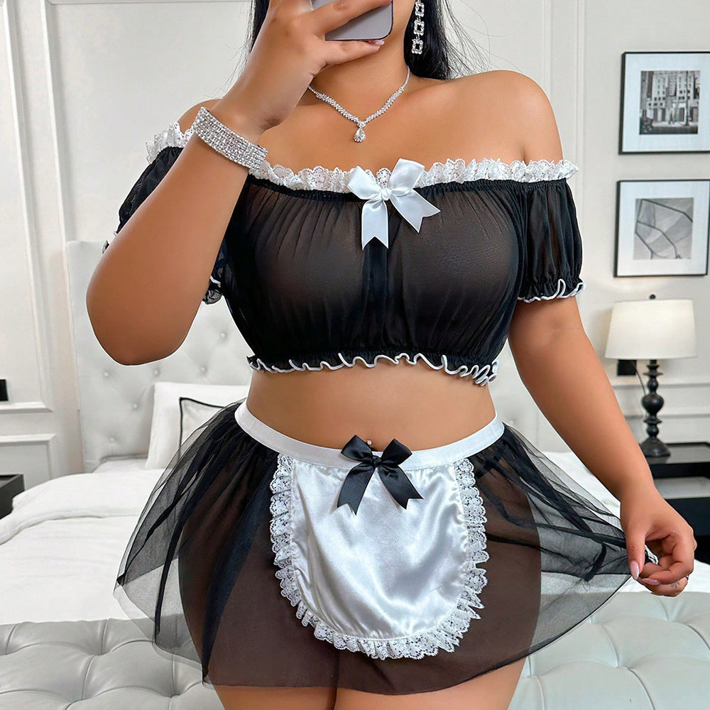 Cross-Border European and American Foreign Trade Sexy Lingerie Lace See-Through Mesh Plus Size Bra Short Skirt Thong Three-Piece Set
