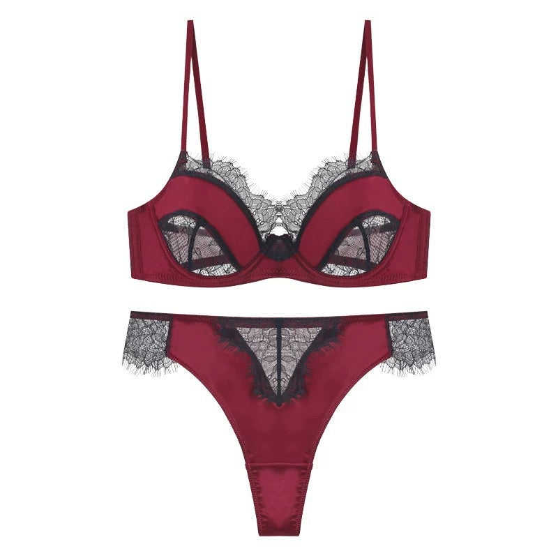 Cross-Border European and American Sexy Large Bust Minimizer Anti-Sagging Ultra-Thin Eyelash Lace Bra Pure Desire Lingerie Set