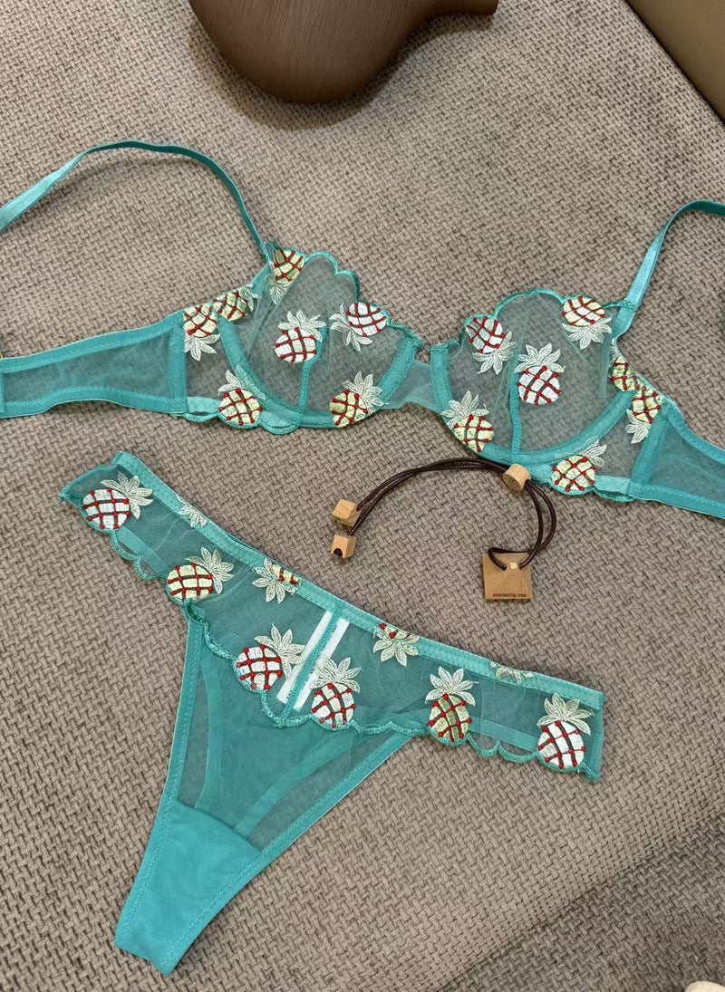 European and American Cross-Border Trade Sexy Bra Ultra-Thin Mesh Pineapple Embroidery Lace Large Bust Minimizer Sexy Lingerie Set