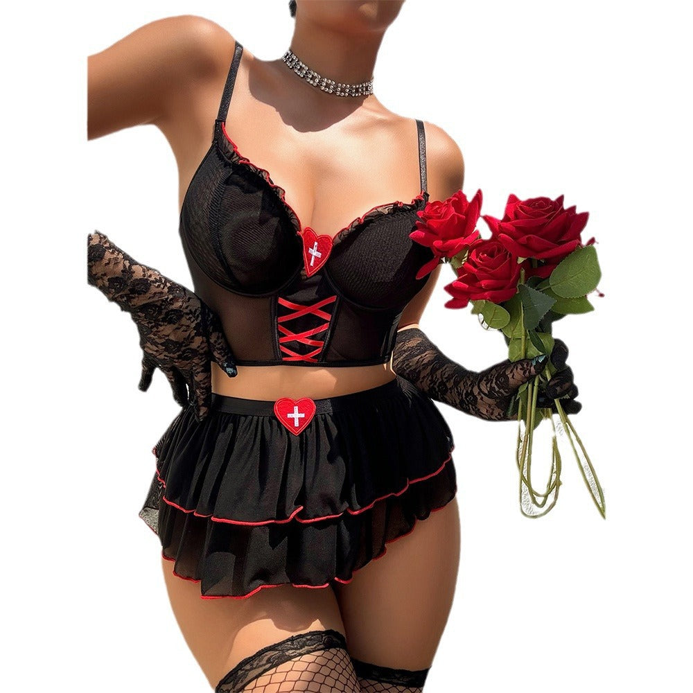 Cross-Border European and American Sexy Lingerie Set Mesh See-Through Temptation Lace Short Skirt Bra Thong Three-Piece Set