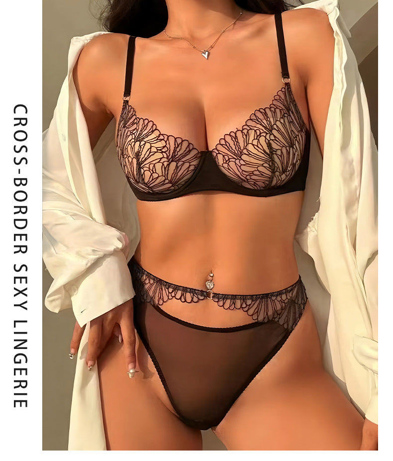 European and American French Style Sexy Lingerie for Women, Ultra-Thin Sheer Mesh, Large Bust Minimizer, Anti-Sagging Lace Bra Set