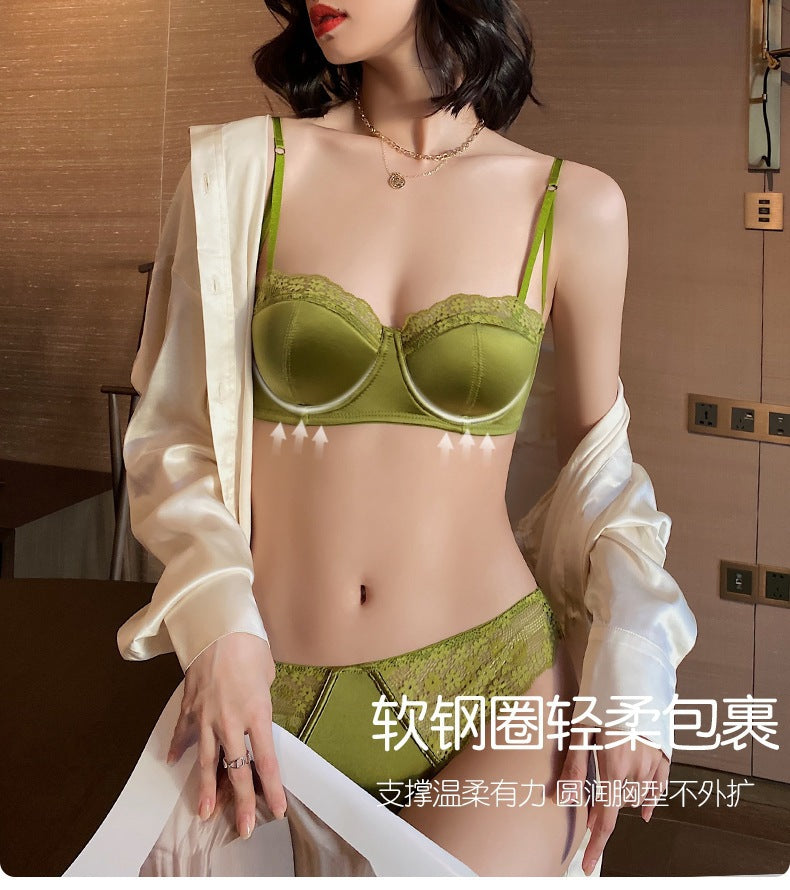Cross-Border Hot-Selling French Lace Lingerie Women Sexy Thin Satin Large Bust Minimizer Anti-Sagging Bra Set
