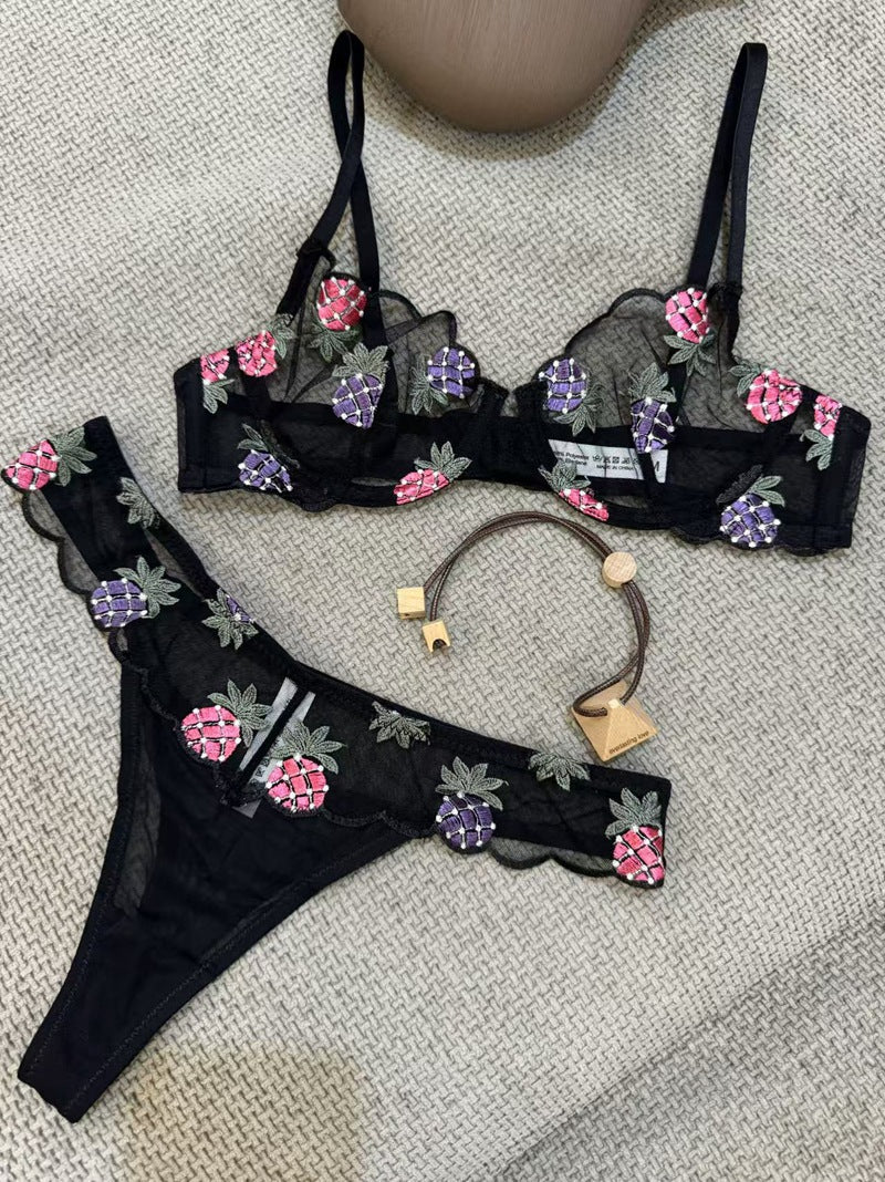 European and American Cross-Border Trade Sexy Bra Ultra-Thin Mesh Pineapple Embroidery Lace Large Bust Minimizer Sexy Lingerie Set