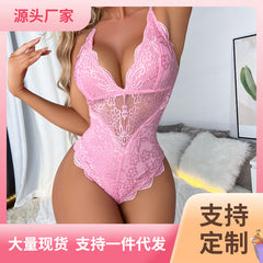New Foreign Trade Sexy Lingerie Backless Temptation Strap Bodysuit Sexy Deep V Lace Pajamas Women's Home Clothes Set