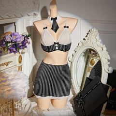 Cross-Border New Sexy Lingerie Set Button Striped Tie Lace Bodycon Mini Skirt Thong Four-Piece Set