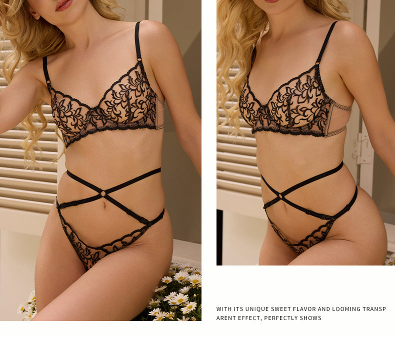 Cross-Border European and American Hot-Selling Sexy Lingerie for Women French Lace Sexy Mesh See-Through Thong Plus Size Bra Set
