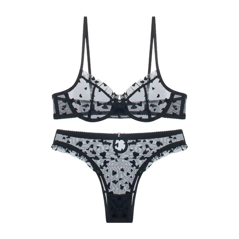 Summer Hot-Selling Cross-Border Sexy Lace Lingerie Big Chest Minimizer See-Through Heart Print Women's Erotic Lingerie Two-Piece Set
