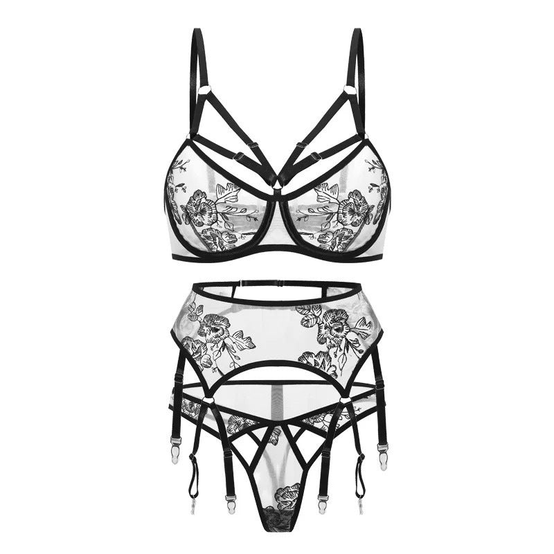 Cross-Border Foreign Trade Hot-Selling Sexy Bra Set See-Through Large Bust Minimizer Lace Camisole Stockings Erotic Lingerie Three-Piece Set for Women