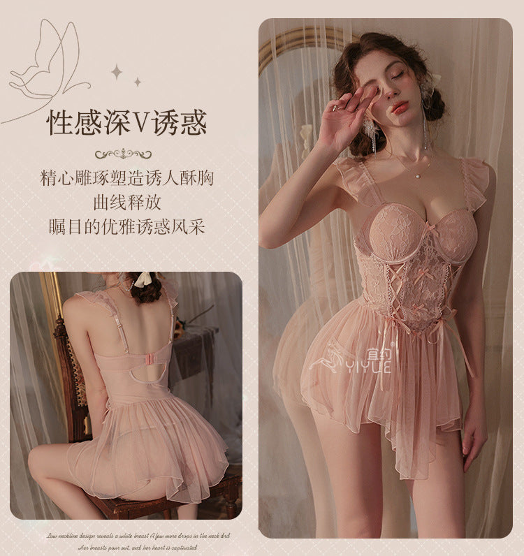 Yiyue Original Sexy Lace Temptation Push-Up Nightdress Pure Desire Erotic Lingerie Lace-Up Fishbone Corset Nightgown1075