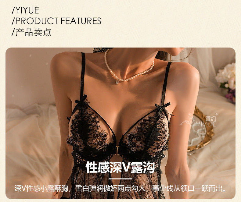 Yiyue Sexy Lingerie Sexy Strap Lace Temptation Underwire Push-Up Nightdress Hot See-Through Open Crotch Uniform8536