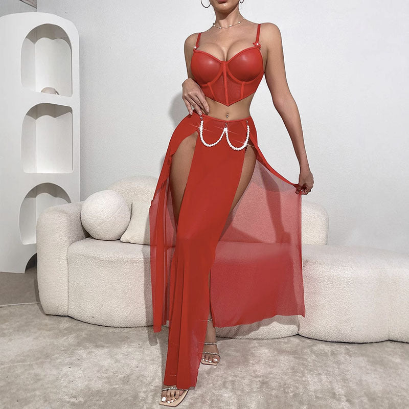 Amazon Foreign Trade European and American Sexy Lingerie Sexy See-through Mesh Slit Long Dress Three-piece Set Sexy Set