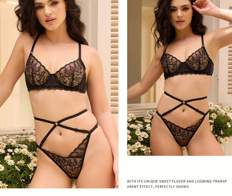 Cross-Border European and American Hot-Selling Sexy Lingerie for Women French Lace Sexy Mesh See-Through Thong Plus Size Bra Set