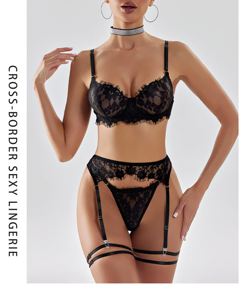 Amazon European and American French Style Sexy Lingerie Women's Ultra-Thin Embroidered Lace See-Through Temptation Thong Five-Piece Set