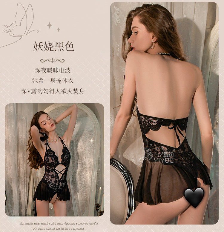 Yiyue Sexy Lingerie Lace Halter Temptation Bodysuit Women Open Crotch Uniform No-Remove Pajama Set1062