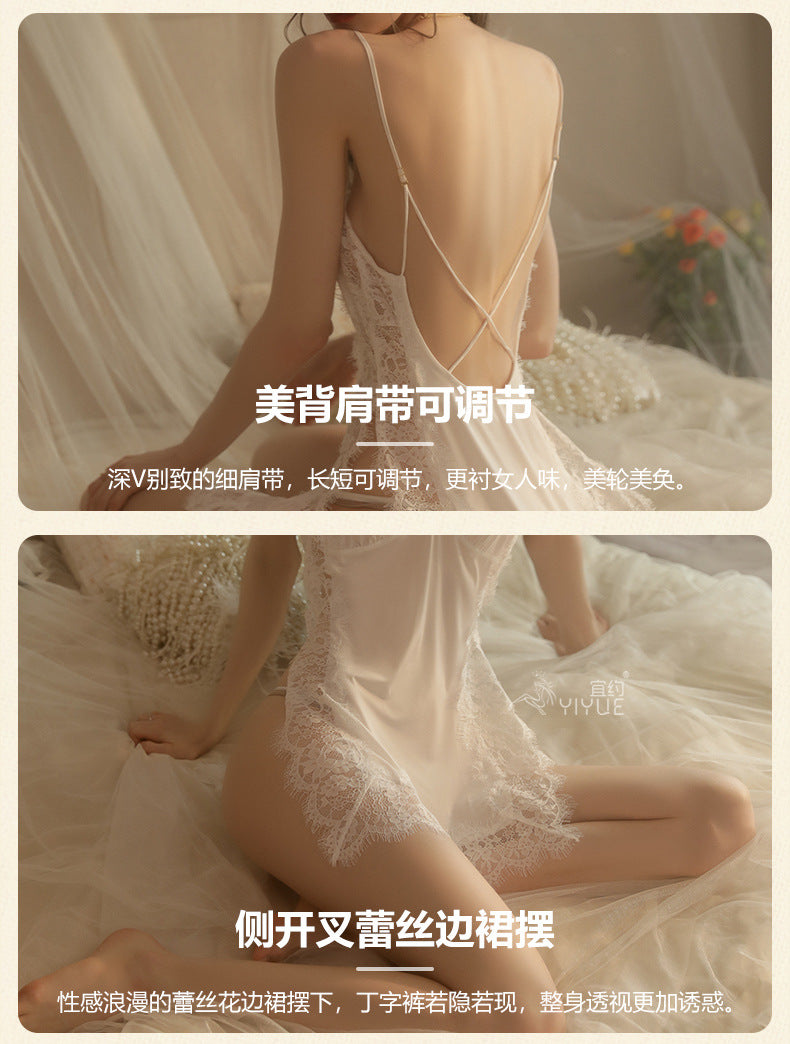 Yiyue Sexy Lingerie Sexy Strap Nightdress Hollow Deep v Hot Lace Temptation Nightdress Passion Uniform8487