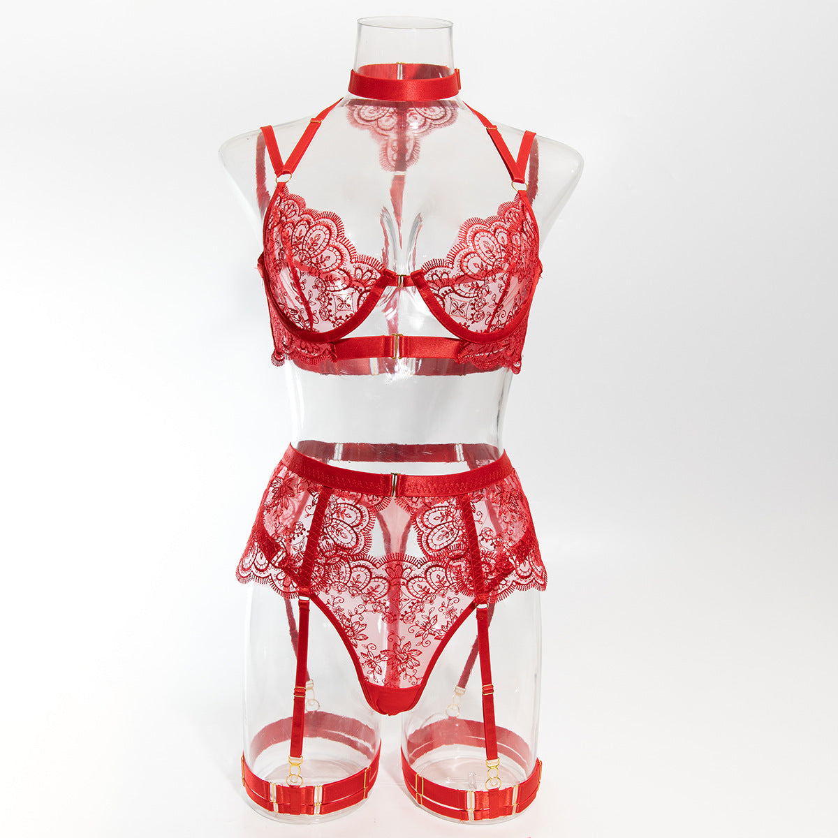 Foreign Trade High-Quality Sexy Lingerie Embroidered Eyelash Edge Large Bust Minimizer Sexy See-Through Front Open Four-Piece Set