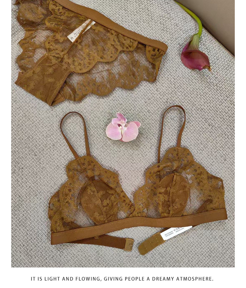 Cross-Border European and American Style Sexy Lingerie Thin Cotton Eyelash Lace Large Bust Minimizer Wireless Triangle Cup Bra Set