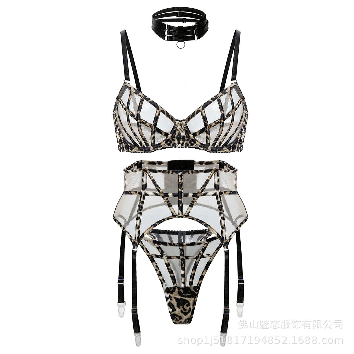 Cross-Border European and American Style French Lingerie Sexy Tie Leopard Print Temptation Mesh See-Through Big Chest Minimizer Erotic Three-Piece Set