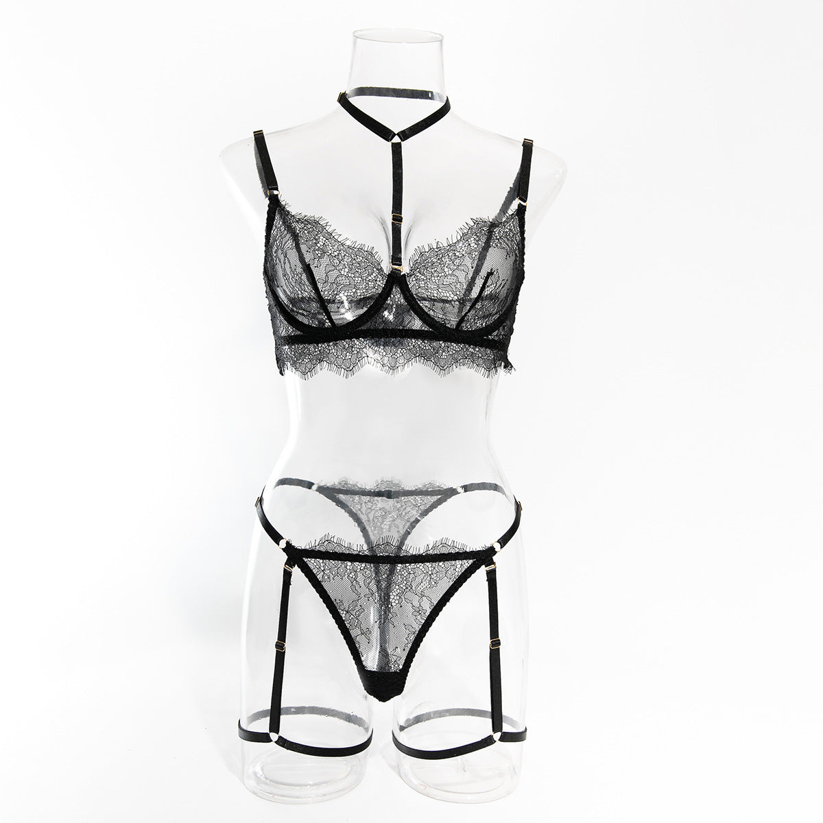 European and American Cross-Border Sexy Lingerie Four-Piece Set Sexy Hollow Lace Eyelash Halter Neck Lingerie with Detachable Leg Rings