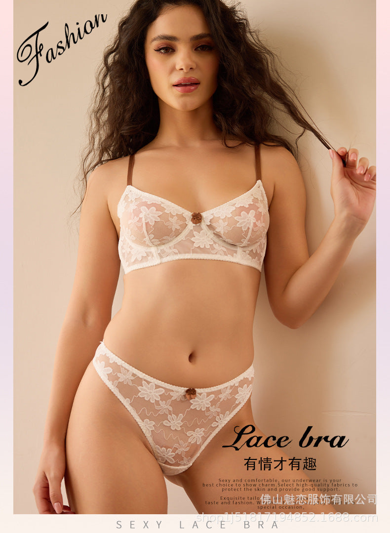 Cross-Border European and American Style French Lingerie Sexy Lace Ultra-Thin Mesh Embroidered Large Bust Minimizer Anti-Sagging Bra Set