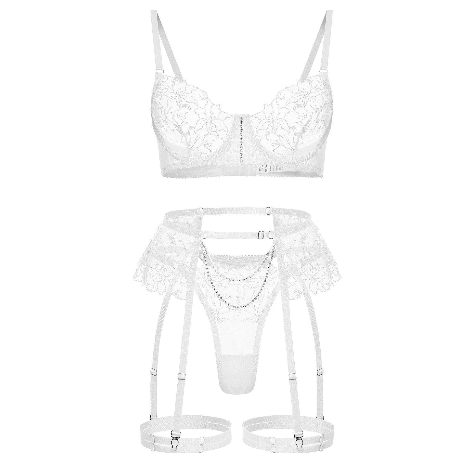 Cross-Border Amazon Hot-Selling Metal Chain Flower Embroidery Mesh Lingerie Transparent Sexy Lingerie Four-Piece Set