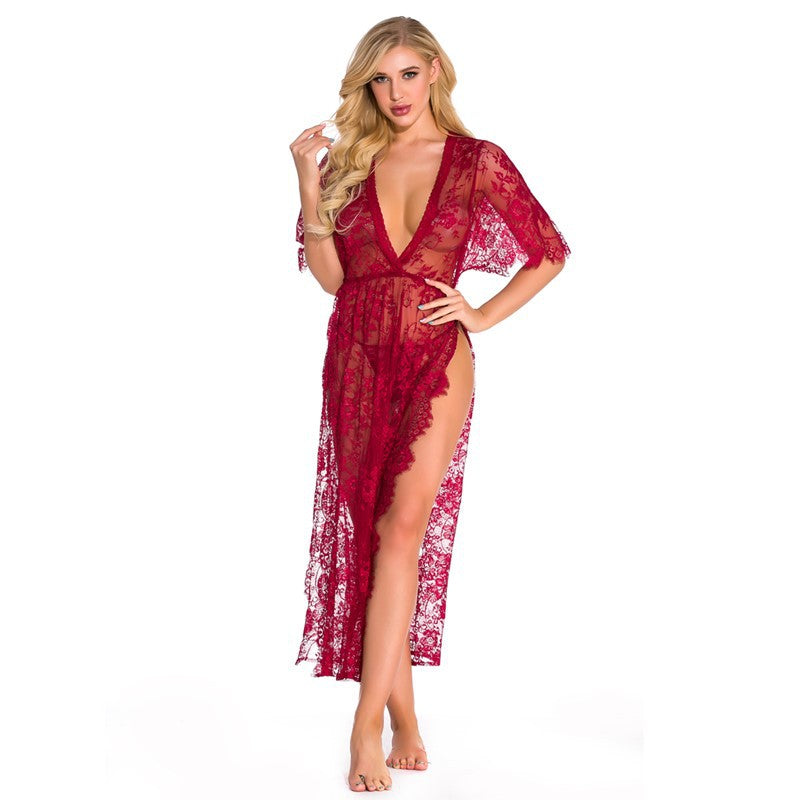 European and American Foreign Trade Women's Sexy Lingerie Long Lace Dress V Collared Three-quarter Sleeve Sexy Nightgown AliExpress Source Robe