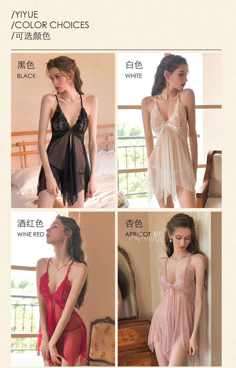 Yiyue Sexy Lace Temptation Strap Nightdress Women's Thin Transparent Mesh Nightgown Hot Erotic Lingerie8453