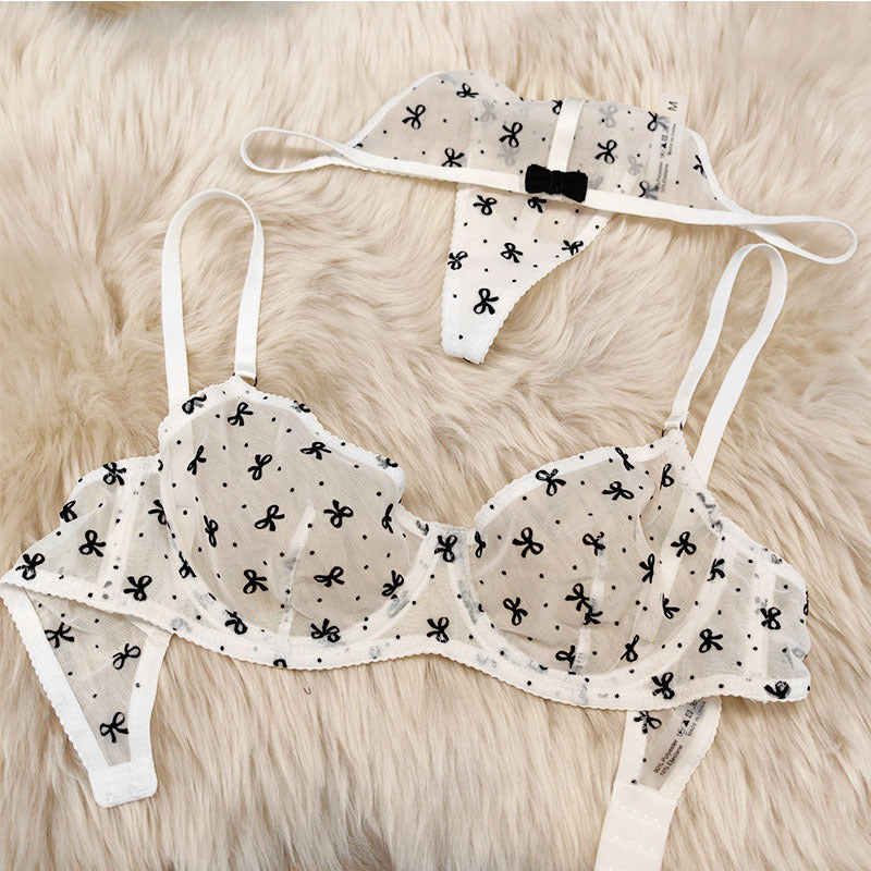 European and American Cross-Border Hot-Selling Sexy Lingerie for Women Ultra-Thin Flocked Printed Mesh Lace French Lingerie Set