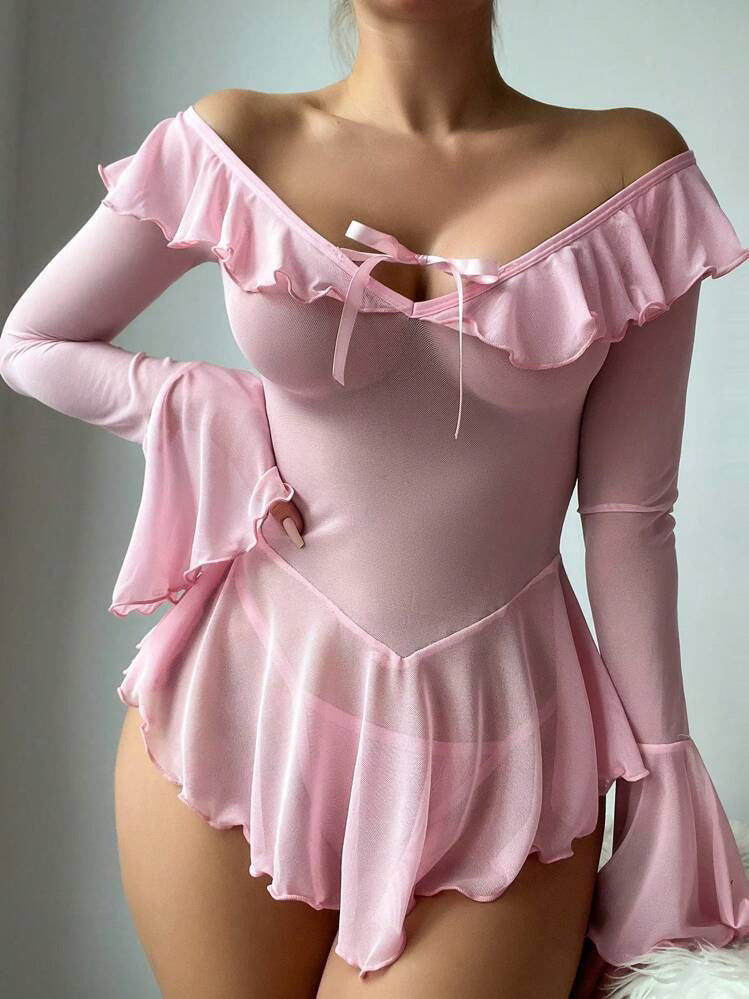 European and American Cross-Border Sexy Lingerie Set Long Sleeve Off-Shoulder Tie Bow Ruffle One-Piece Nightdress