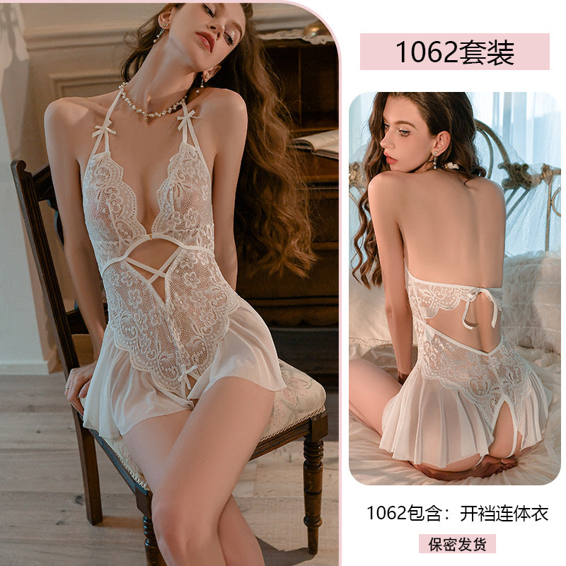 Yiyue Sexy Lingerie Lace Halter Temptation Bodysuit Women Open Crotch Uniform No-Remove Pajama Set1062