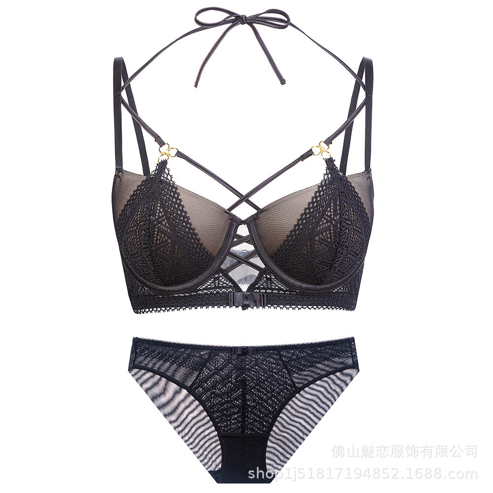 Cross-Border European and American Style French Lingerie Sexy Lace Strap Design Large Bust Push-Up Anti-Sagging Bra Set