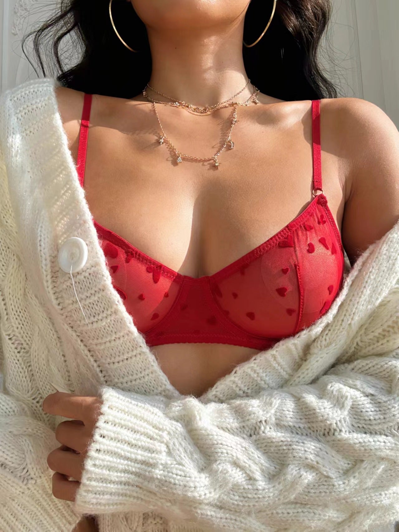 Cross-Border European and American Sexy Lingerie Women's Ultra-Thin Mesh See-Through Heart Large Bust Minimizer Anti-Sagging Bra Set
