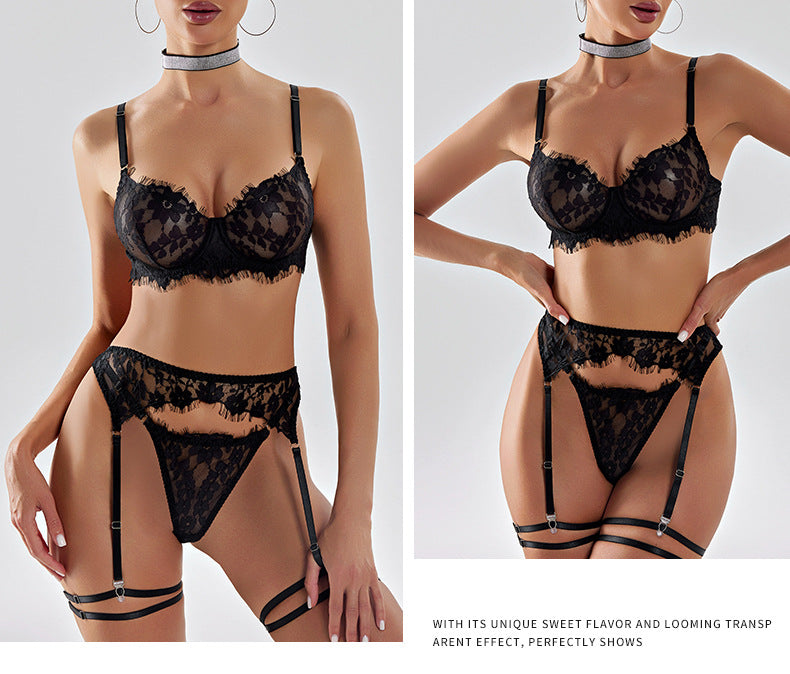 Amazon European and American French Style Sexy Lingerie Women's Ultra-Thin Embroidered Lace See-Through Temptation Thong Five-Piece Set