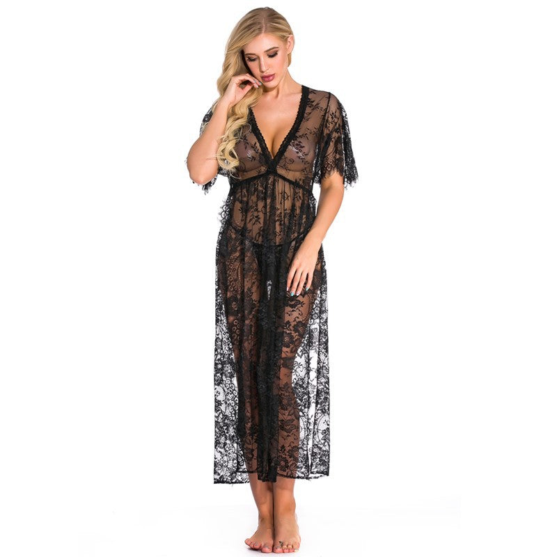 European and American Foreign Trade Women's Sexy Lingerie Long Lace Dress V Collared Three-quarter Sleeve Sexy Nightgown AliExpress Source Robe
