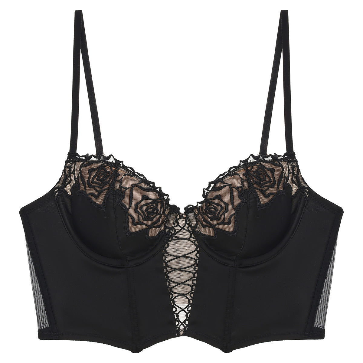 French Style Sexy Lingerie Summer Thin Retro Rose Fishbone Bra Vest Style Long Shaping Push-Up Bra