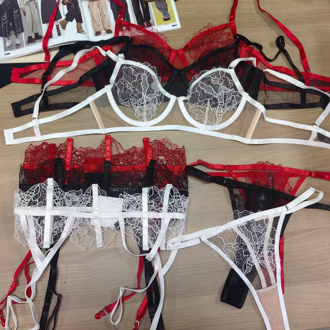 Cross-Border Hot-Selling Sexy Bra See-Through Ultra-Thin Embroidered Lace Big Chest Minimizer Erotic Lingerie Garter Belt Three-Piece Set