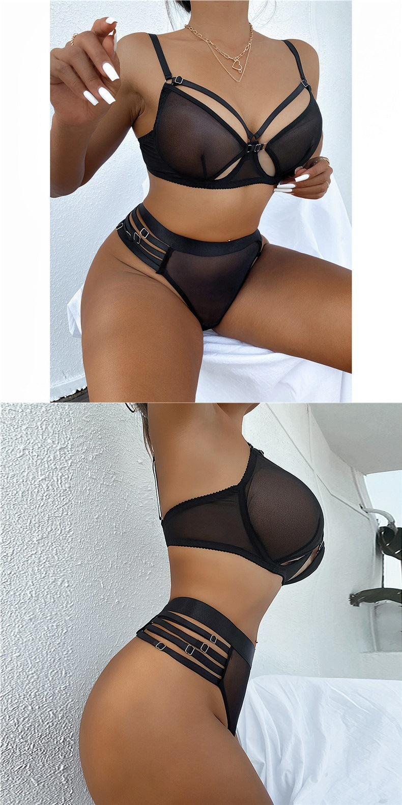European and American Independent Station Hot-Selling New Style See-Through Mesh Wireless Motorcycle Sexy Lingerie Set