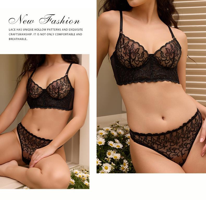 Cross-Border Foreign Trade French Style Lingerie Sexy Lace See-Through Erotic Bra Large Bust Minimizer Anti-Sagging Lingerie Set