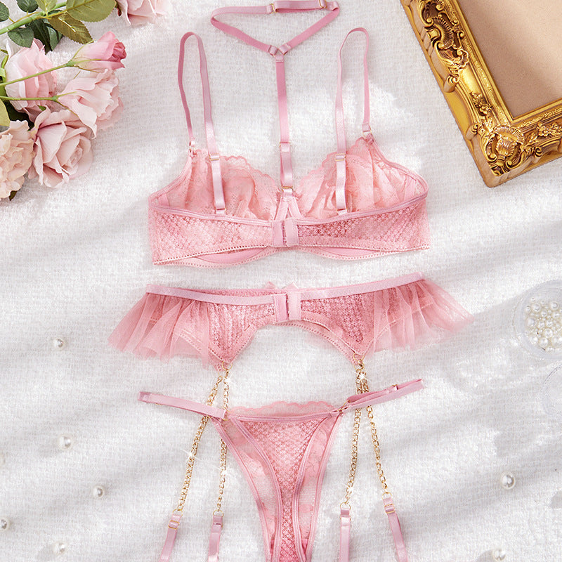 Seductive and Clever Sexy Halter Neck Lingerie Set for Women Lace Mini Skirt Chain Foot Ring Sexy Set