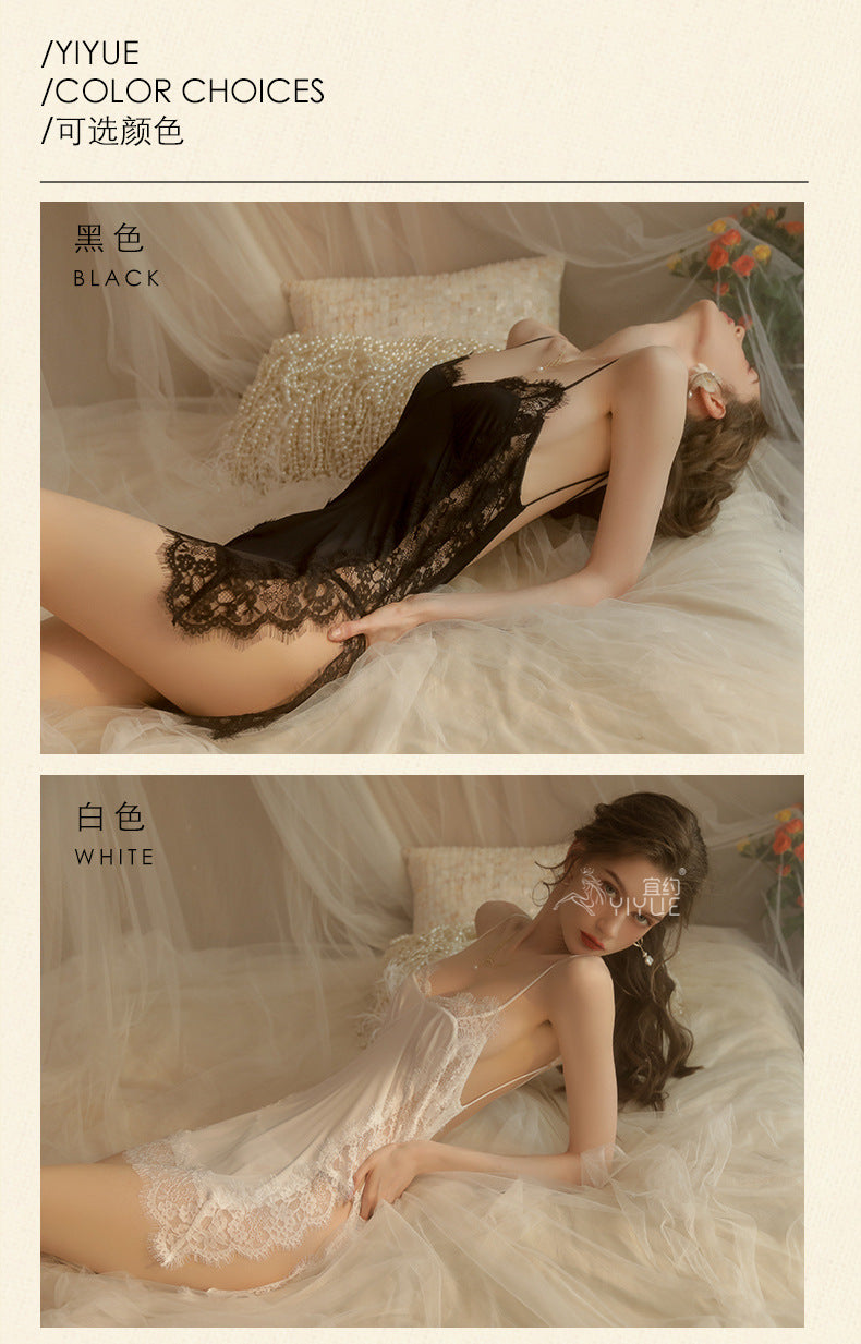 Yiyue Sexy Lingerie Sexy Strap Nightdress Hollow Deep v Hot Lace Temptation Nightdress Passion Uniform8487