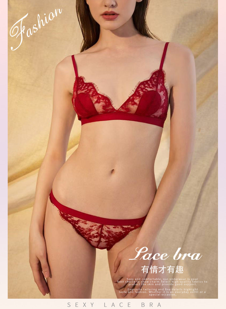 Cross-Border European and American Style Sexy Lingerie Thin Cotton Eyelash Lace Large Bust Minimizer Wireless Triangle Cup Bra Set