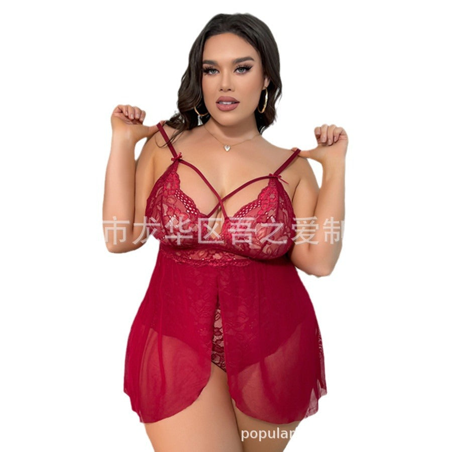 2024New Sexy Lingerie See-through Lace Temptation One-piece Camisole Sexy Nightdress V Cross Collar Cardigan Pajamas