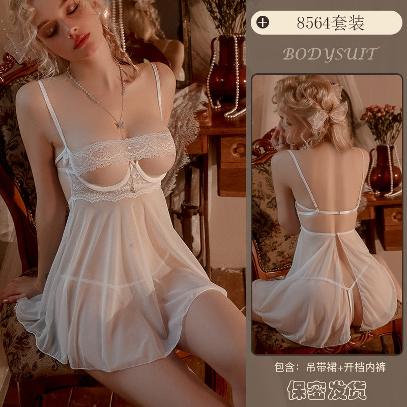 Yiyue Sexy Lingerie New Sexy Strap Lace Temptation Open Crotch Nightdress Hot See-through Uniform Wholesale8564