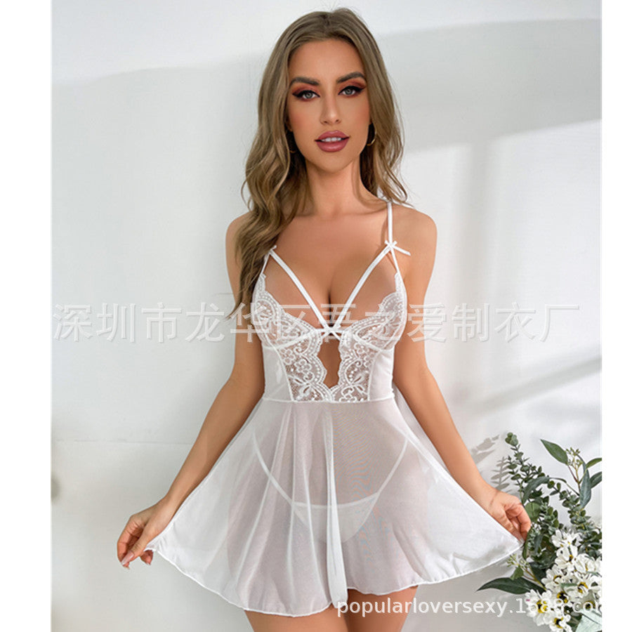 Cross-Border New Lace Strap Nightdress Backless Temptation Sexy Sleepwear Solid Color Comfortable Homewear Set
