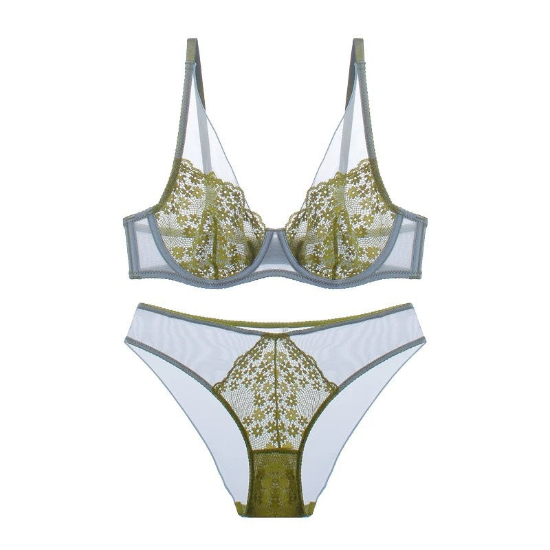 Cross-Border Hot-Selling French Style Sexy Lingerie Ultra-Thin Retro Color-Block Lace Bra Large Bust Minimizer Sexy Lingerie Set