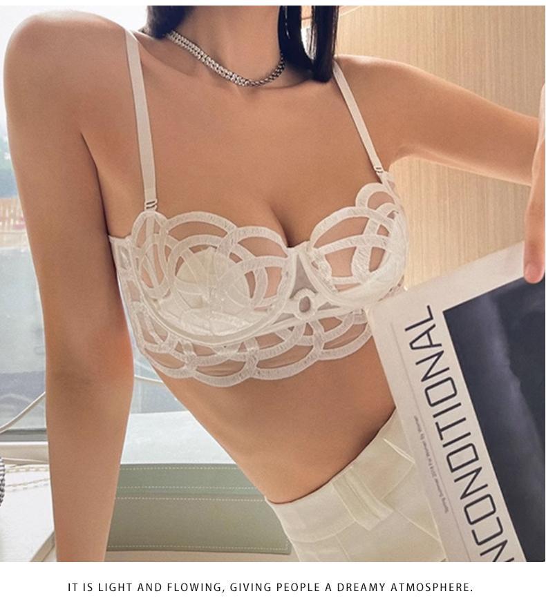 French Style Sexy Lingerie for Women, Thin Transparent Breathable Lace Bra, Minimizing Large Bust, Side Breast Collection, Push-Up Bra Set