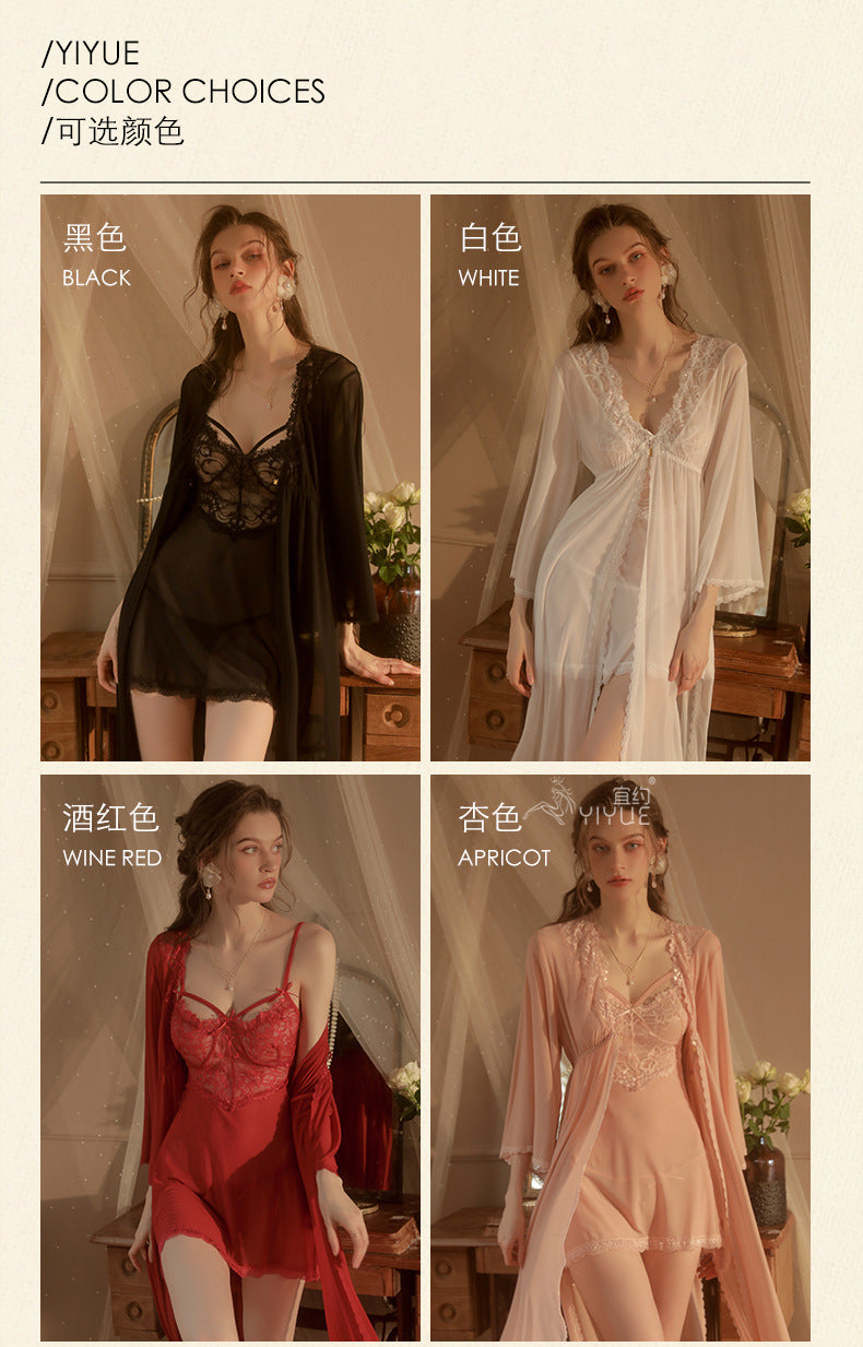 Yiyue Sexy Lingerie Sexy Strap Lace Temptation Nightdress Hot See-through Mesh Plus Size Nightgown Set8449