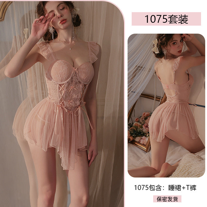 Yiyue Original Sexy Lace Temptation Push-Up Nightdress Pure Desire Erotic Lingerie Lace-Up Fishbone Corset Nightgown1075