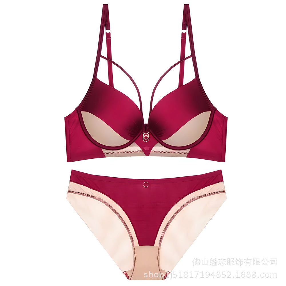 Amazon Cross-Border Sexy Lingerie Women's Satin Hollow Out Strap Small Chest Enhancing Push-Up Anti-Sagging Bra Set